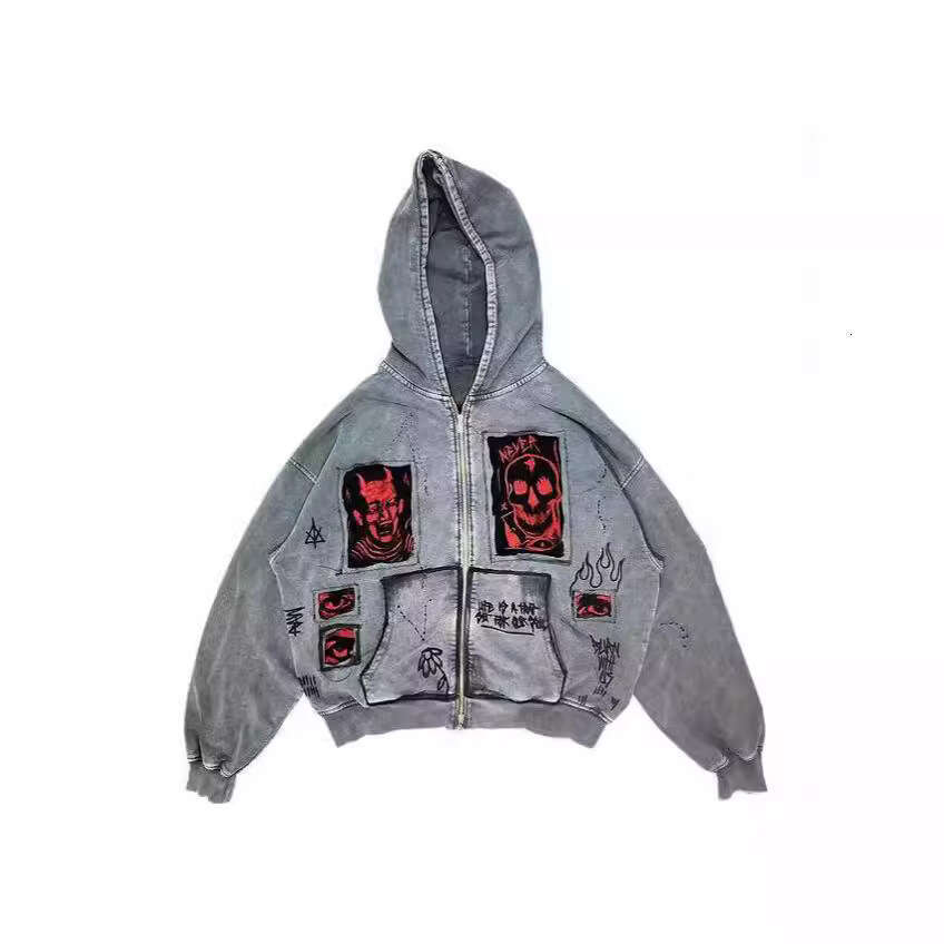 American street Y2K unisex devil print patch loose hooded sweatshirt gift for man