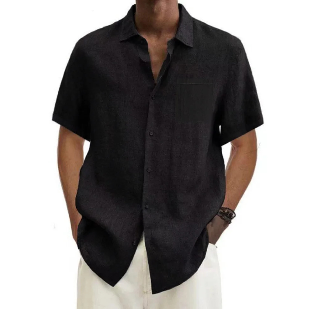 Mens cotton linen selling mens short sleeved summer solid color lapel casual beach style plus size top 250326