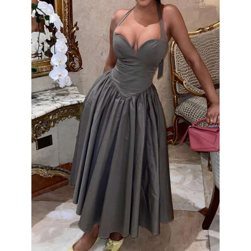Dongdumaoyi Vrouwen Lente Hoogwaardige Sexy Deepvhalter Backless Rode Mid Lange Rok Vrouwen Jurk C