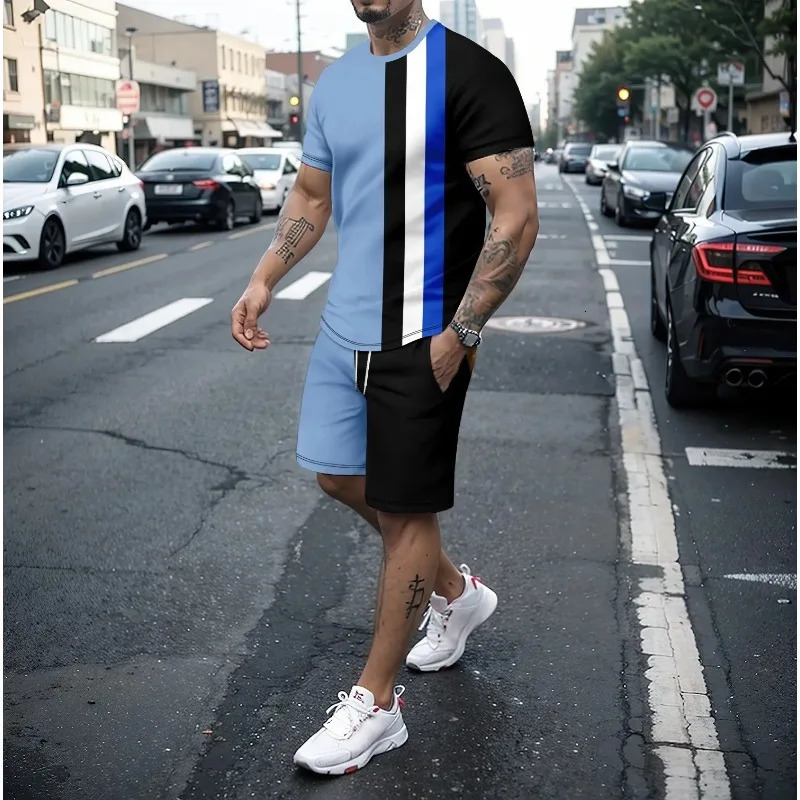 3D digital stripe printing summer casual ball suit ultrathin fast drying sports set loose round neck 250327