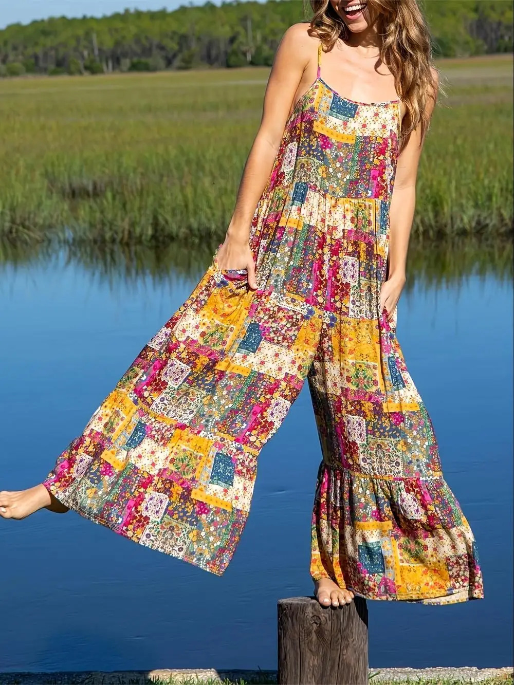 Womens casual jumpsuit with fashionable coverage and loose wide leg printed buttons featuring pockets 250326