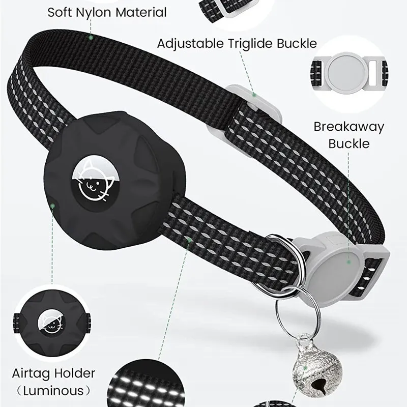Reflective cat collar detachable Apple air tag cat GPS cat collar with AirTag bracket and bell lightweight tracker dog