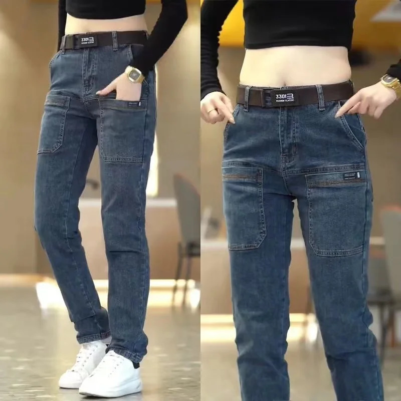 2024 Mens Casual Multiple Pockets Jeans Mid-Waist Elastic Straight Denim Trousers Versatile Loose Personality Pants 250317