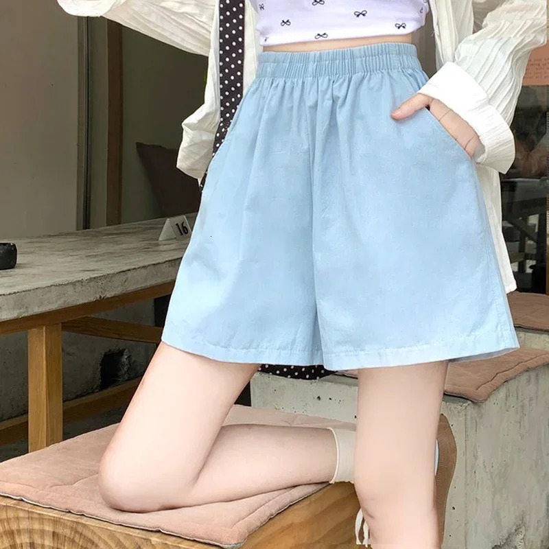 Summer Womens Double Pocket Cargo Shorts Solid Wide Leg Wash Cotton Girls Korean Bag High Waist Muffin 250326