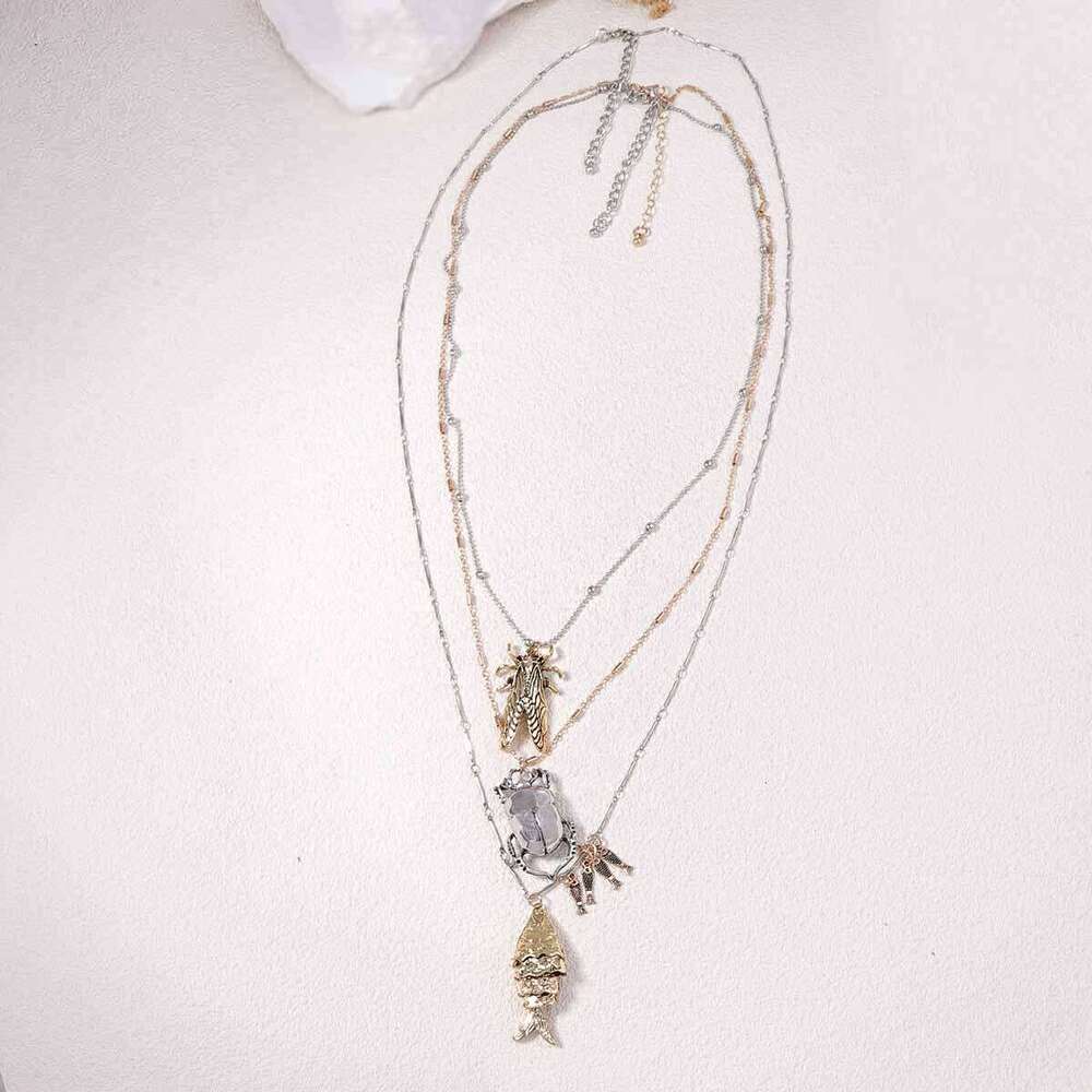 Trendy Animal Insect Pendant Layered Necklace Set Beetle Cicada Fish Charm Multi Chain Fashion Jewelry for Women
