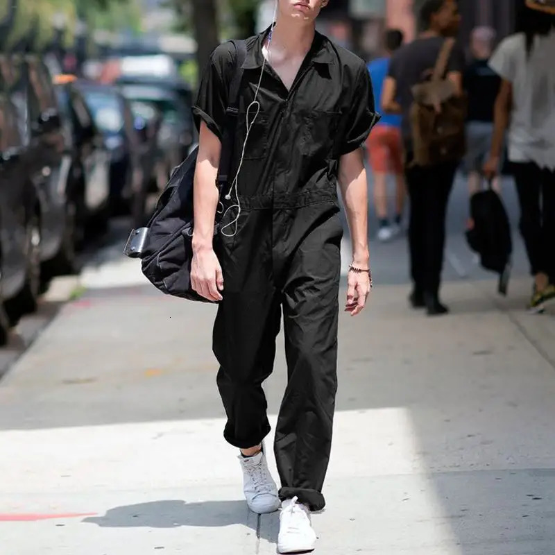Cross border mens multi pocket n covers European and American lapel loose solid color casual jumpsuit 250326