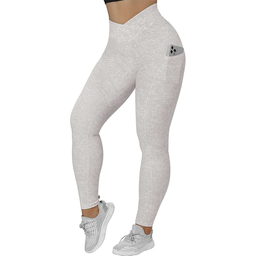 Women Yoga Pants Autumn And Winter Breathable Thin Style Solid Color Printed Slimming Cross Waist Bottom Pocket Pants YJ