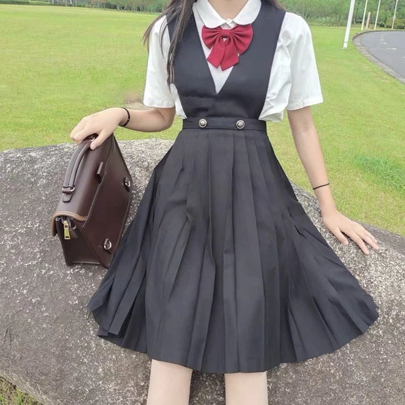 Japanese girl JK high school uniform long pleated student dress summer sleeveless Pinafore level suspended skiing 250326