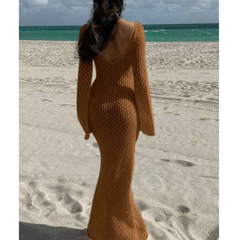 Dongdumaoyi Nieuwe Uitgeholde Textuur V Hals Dichtgeknoopt Lange Mouwen Strandvakantie Zonnebrandcr Me Rugloze Maxi Jurk Model A