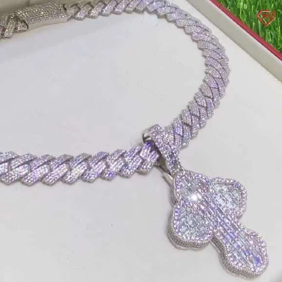Hip Hop Cross Charm Baguette Cut VVS S Moissanite Cuban Chain With Pendant