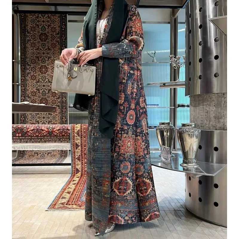 Womens Abaya Retro Printed Design Flip Collar Long Open Large Bow Tie Arab Womens Luxury Abaya 2025 X250327