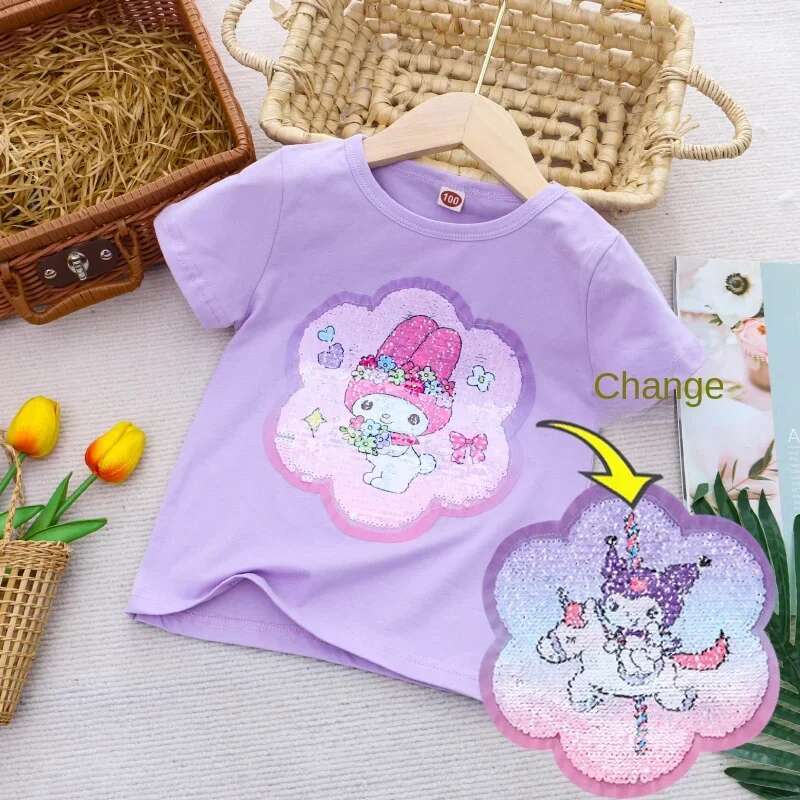 Ddmyshoesvip Girl Short Sleeve T Shirt Hello Kitty Girls Cotton Material T Shirt Multi Colored Cartoon Pattern Top