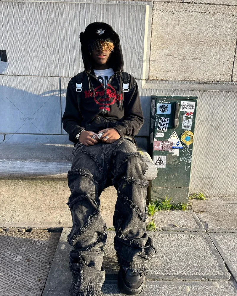 Y2K Punk Black American Street Rock Retro High Waist Oversized Jeans Men Raw Edge Washed Straight Wide Leg Trousers Men 250317