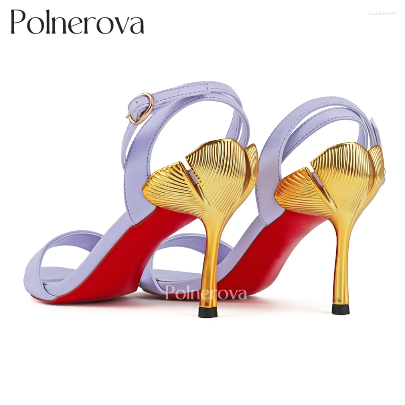 Sandals Metallic Gold Ginkgo Leaf Heel Ankle Strap Open Toe Stilettos Luxury Designer Style Summer Heels Round Women