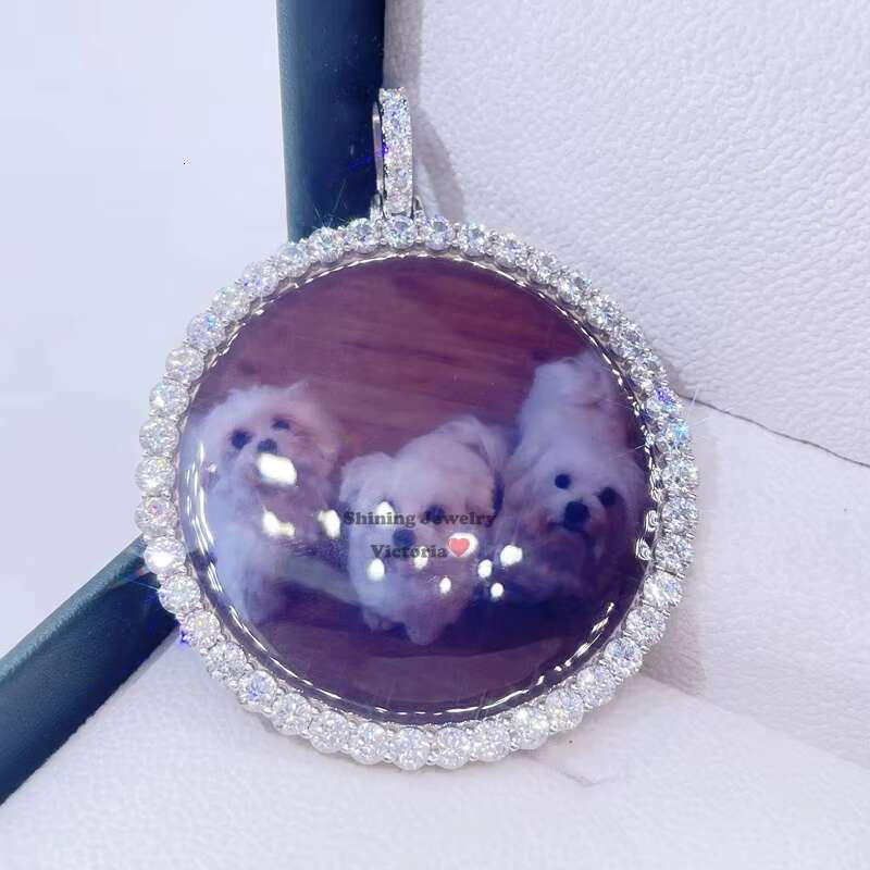 2.5 Width Sterling Silver Vvs Moissanite Diamond Iced Out Memory Photo Necklace with Tennis Chain