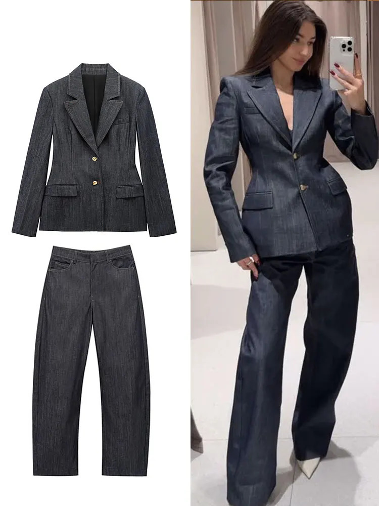 TRAFZA Womens Street Fashion Denim Set Collar Button JacketZipper Flying CorsetWide Leg Jeans Retro 250326