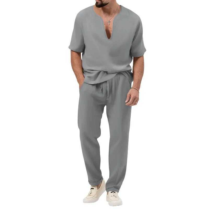 Mens summer two-piece casual sportswear European and American mens solid color cotton linen short sleeved pants setXJ250326