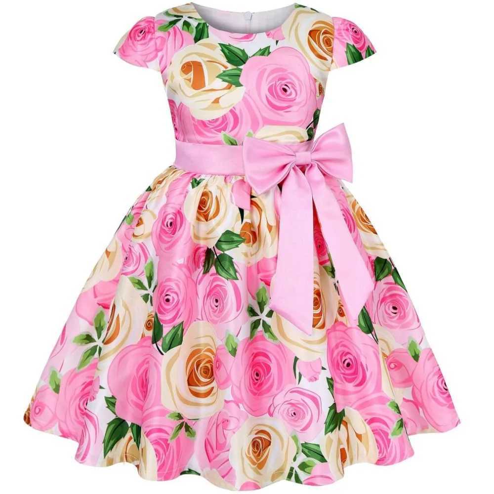 Summer girl rose print dress princess wedding birthday Par Frocks satin childrens vest girl Christmas outfit W250326