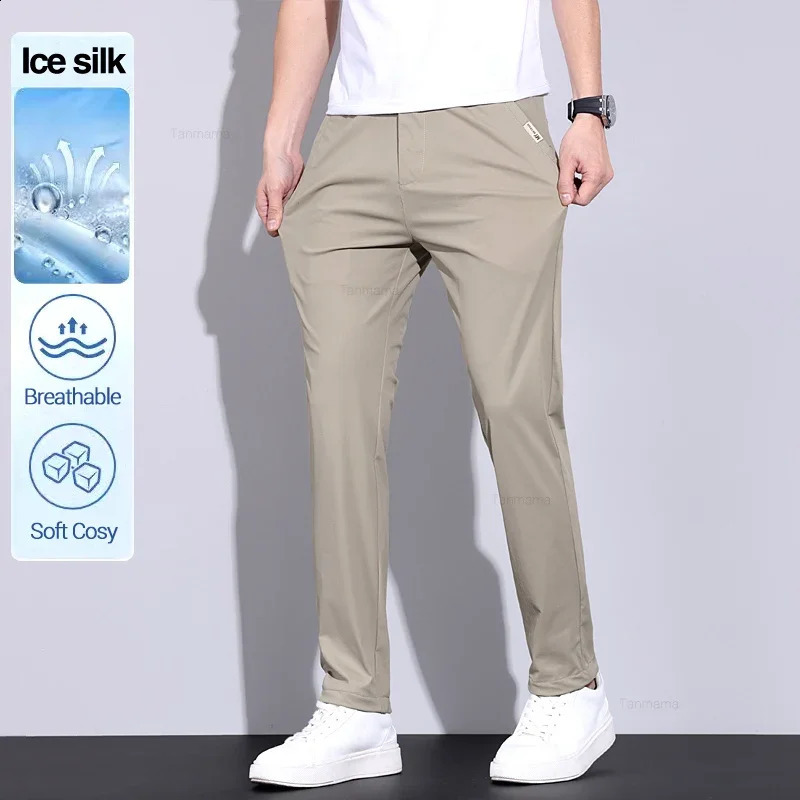 Summer Thin Mens Ice Silk Casual Pants High Elasticity Soft Cosy Business Straight Trousers High Quality Man Clothing Khaki 250317