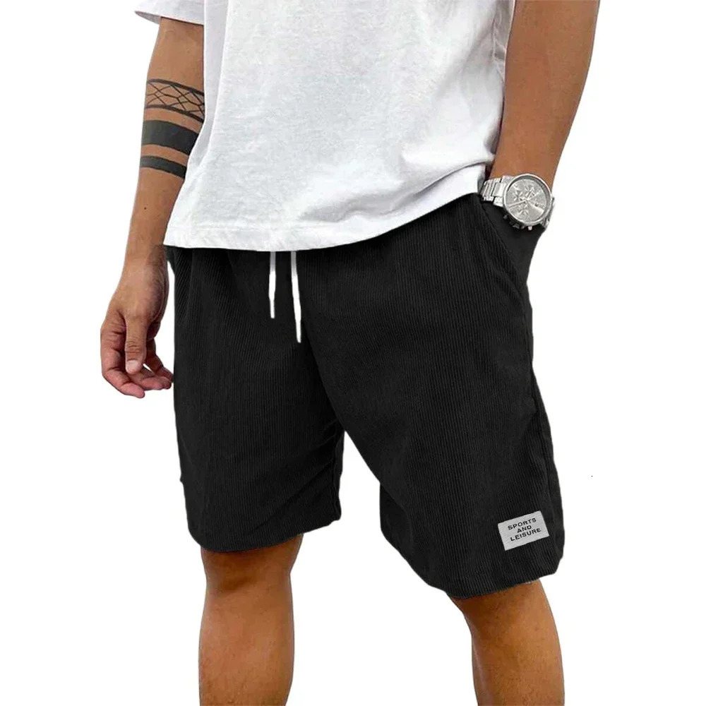 Summer mens solid Corduroy shorts with drawstring and casual elastic waist suitable for outdoor daily activities 250322