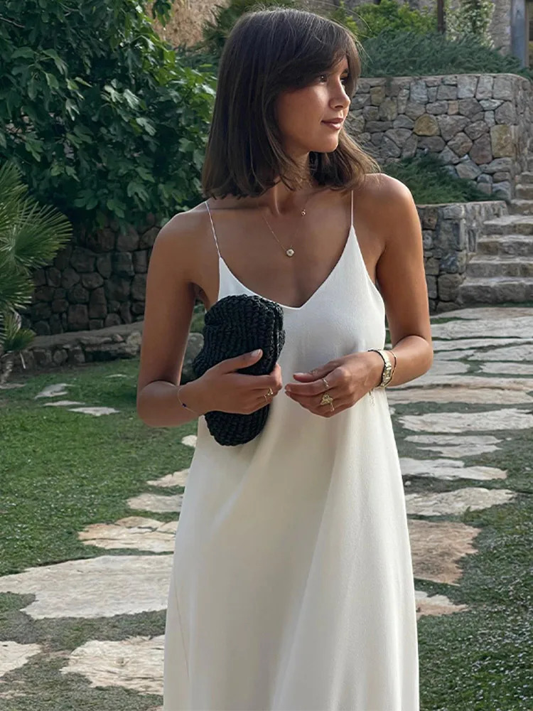 Elegant womens backless satin long skirt casual loose Vneck side split shoulder strap robe 2024 summer vacation beach sun 250324