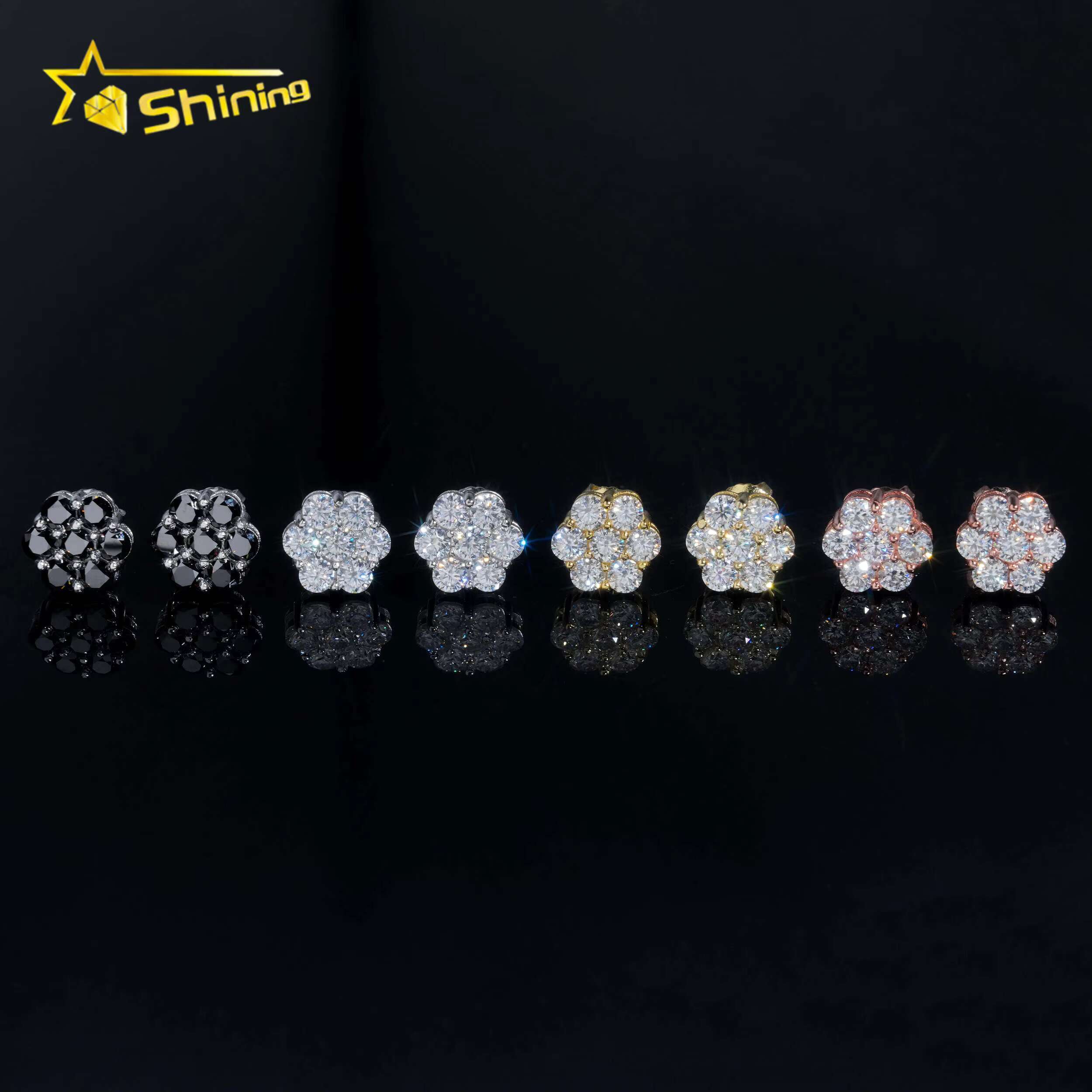 RTS Men Hip Hop Jewelry 925 Sterling Silver White Black 8mm Cluster Flower Moissanite Stud Earrings With GRA Certificate
