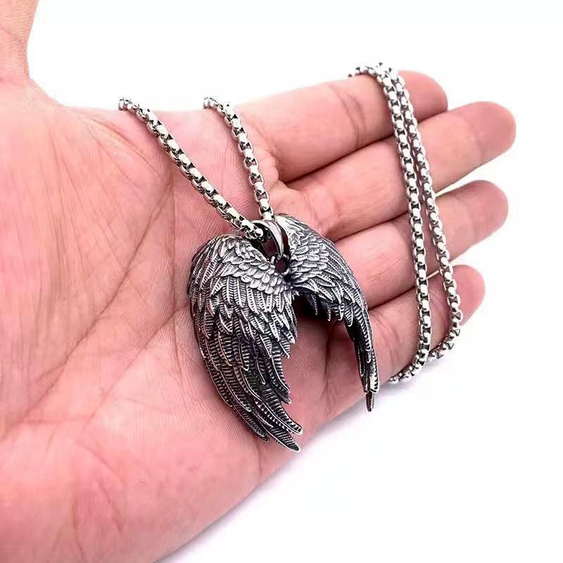60cm Vintage Angel Wings Feather Titanium Steel Pendant Necklace