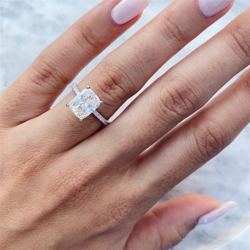 Jewelry 14K White Solid Real Gold Lab Diamond Engagement Ring 2.0 Carat Elongated Cushion E VS1 Wedding Half Pave Set Womens Wedding Ring