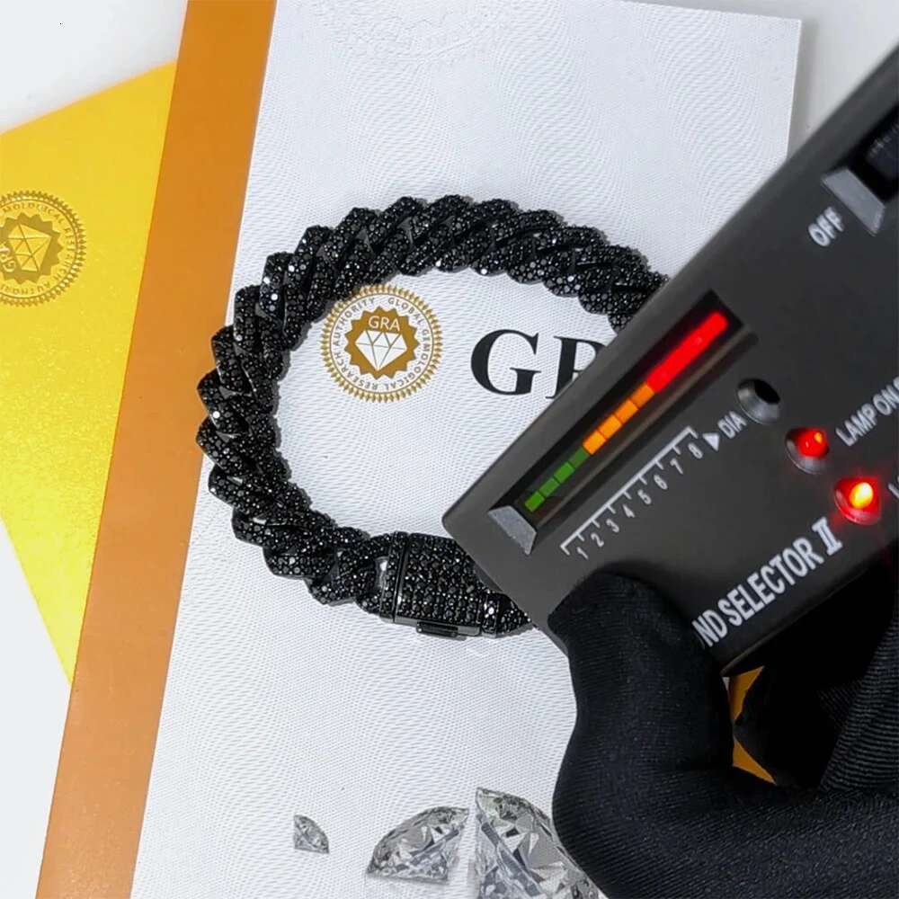 Black Plated 925 Silver VVS Black Moissanite Pass Diamond Tester Cuban Chain Hip Hop 10/12mm 2 rows Rhomboid Necklace