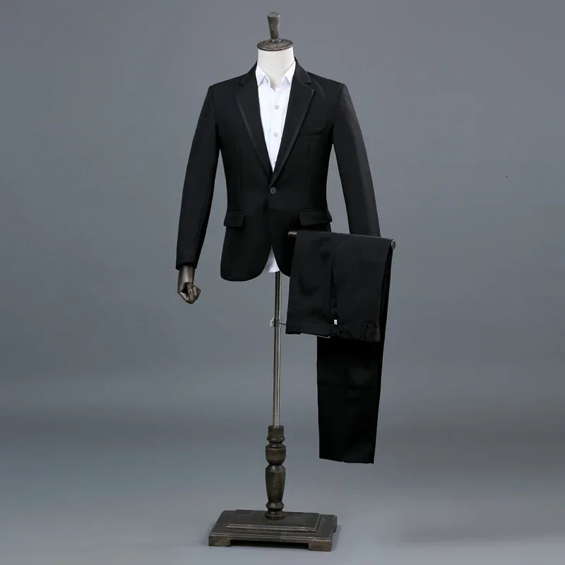 Paneled Suit 2piece mens singer host stage performance jacket pants black white gold and silver portrait dress set 250326