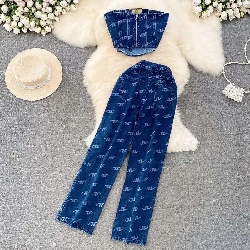 Semalam Fashion Suit Women's Retro Ful Tube Top Denim Vest Two-Piece Casual High Waist Slimming And Straight Pants