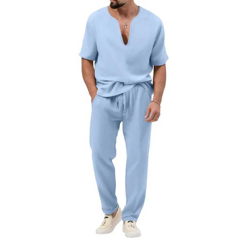 Mens summer two-piece casual sportswear European and American mens solid color cotton linen short sleeved pants setXJ250326