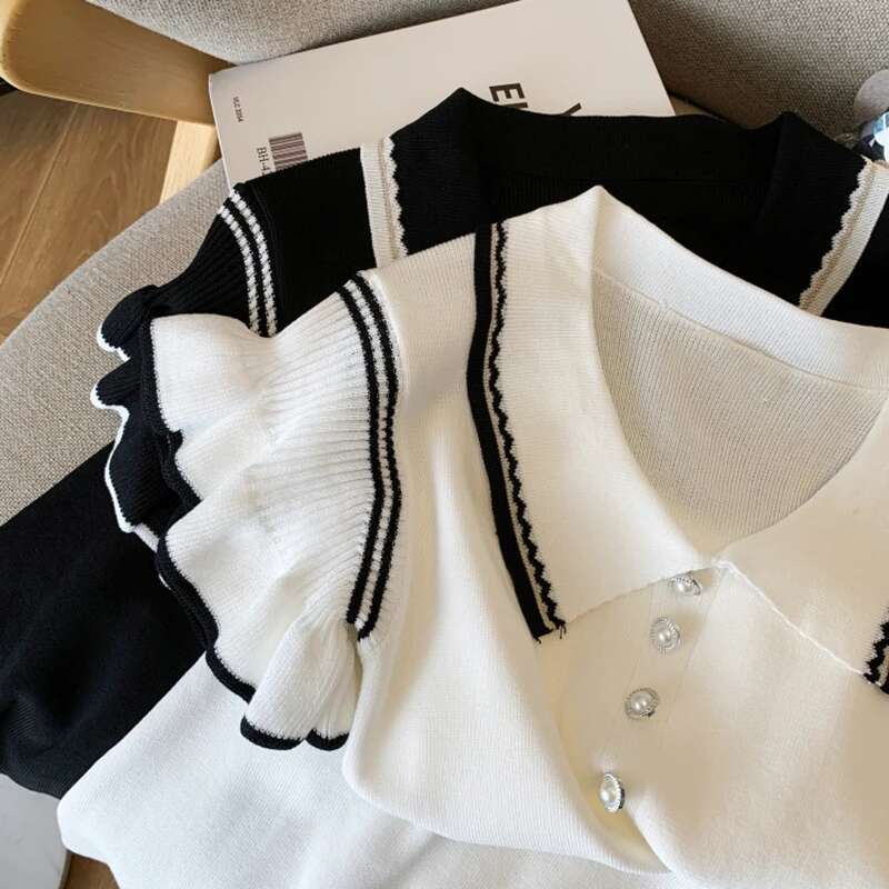 Preppy Short Women Style Buttons Sleeved Knit Contrast Color Stripes Turn-down Collar Summer Mid-Length Casual Dress