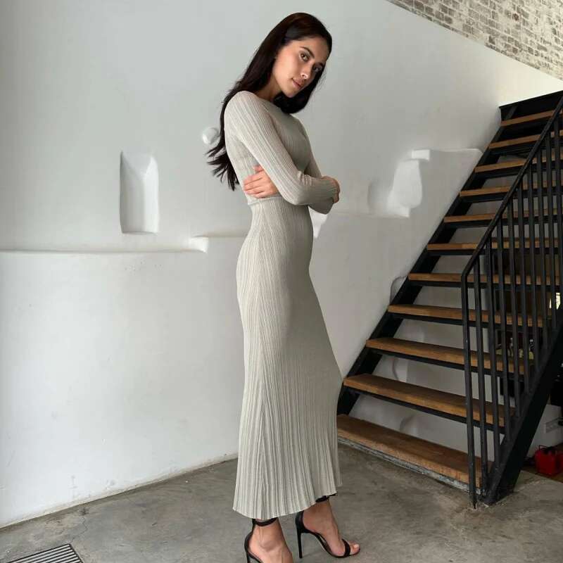 Dongdumaoyi Modieuze Elegante Effen Kleur Lange Mouwen Ronde Hals Slim Fit Jurk Dames