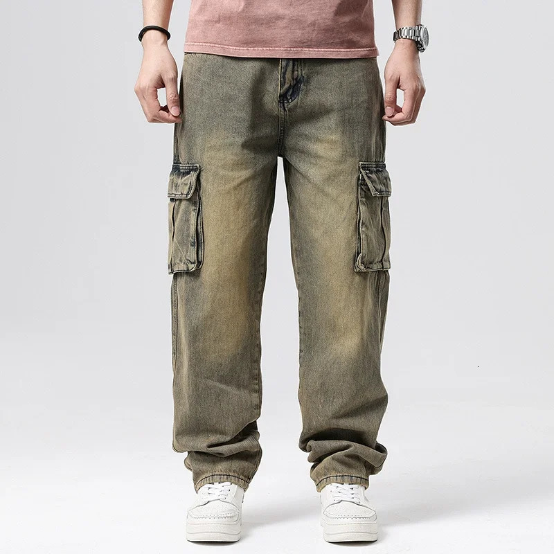 Large Size Loose Jeans Men Denim Pants Straight Pocket Baggy Casual Streetwear Hip Hop Blue Wide Leg Cargo Trousers 250317