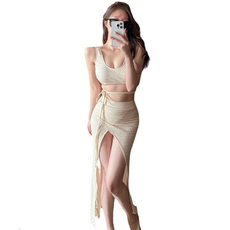 3 Pieces New Set Swimsuit Women Apricot Sweet Swimwear Sexy String Bikini Sarong Skirts Cover Up Korean Beach Wear Bathing Suit