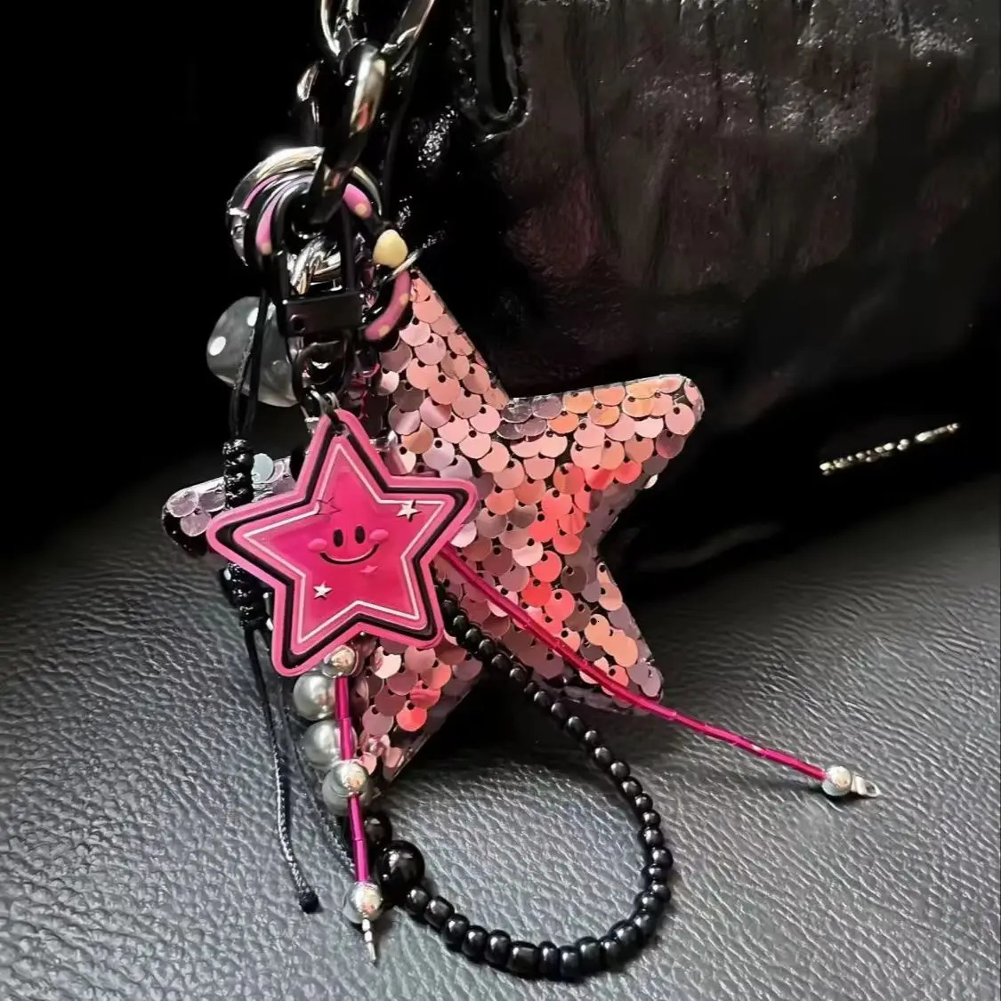 Handmade backpack pendant Sequin pentagram leopard print Hand woven rope keychain250325