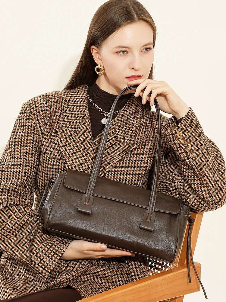 NEW Tanned Cowhide Women Baguette Bag Underarm Women's Shoulder Popular Shopping Commuter Bag Genuine Leather Handbag