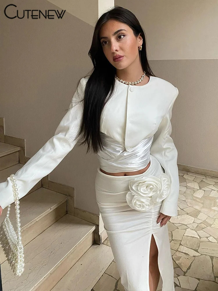 Cute Solid Fashion 2piece Womens Unique Irregular Button Ruffle Bandage TopDecal Split Elegant Set 250326