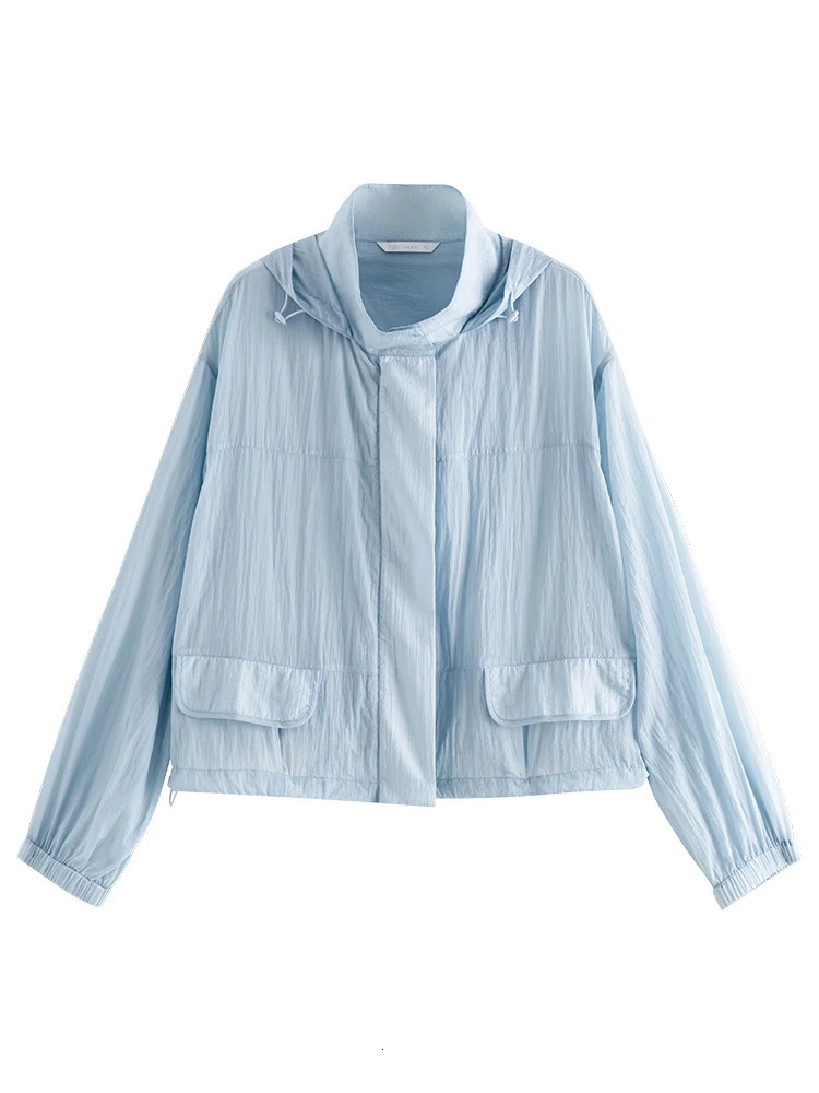 FSLE summer sun protection clothing light blue short sleeved womens hooded jacket thin loose long top 24FS12958 250326
