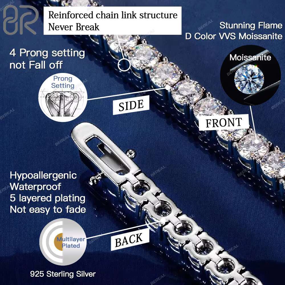 925 Silver Fine Chain Tennis Bracelet With Custom Iced Out VVS Moissanite Diamonds in 3mm 4mm 5mm Sizes