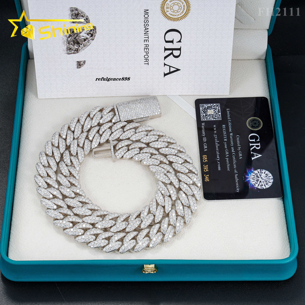 Hip Hop Fine Jewelry Factory Direct Sell 15MM Iced Out 925 Sterling Silver White Gold Plated Moissanite Cuban Link Chain Men