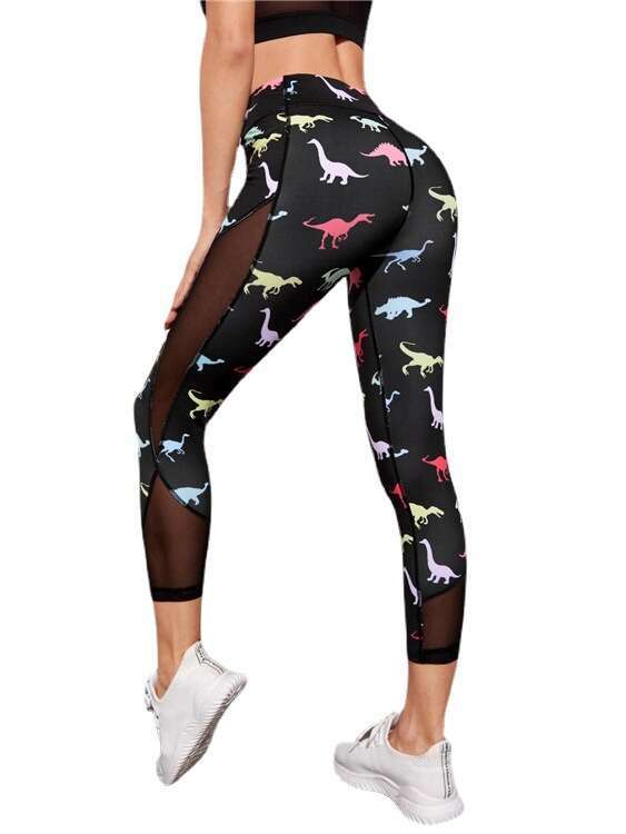 Women Yoga Pants New Summer Pocket Mesh Breathable Fitness Yoga Pants With Colorful Dinosaur Print Underpants YJ