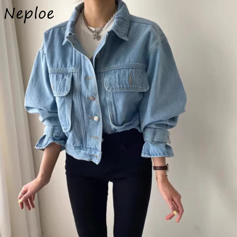 Neploe Retro Collar Single Chest Denim Coat Spring Autumn Laundry Blue Jacket Womens Y2k Long Sleeve Loose Top Unprinted Good Product 250326