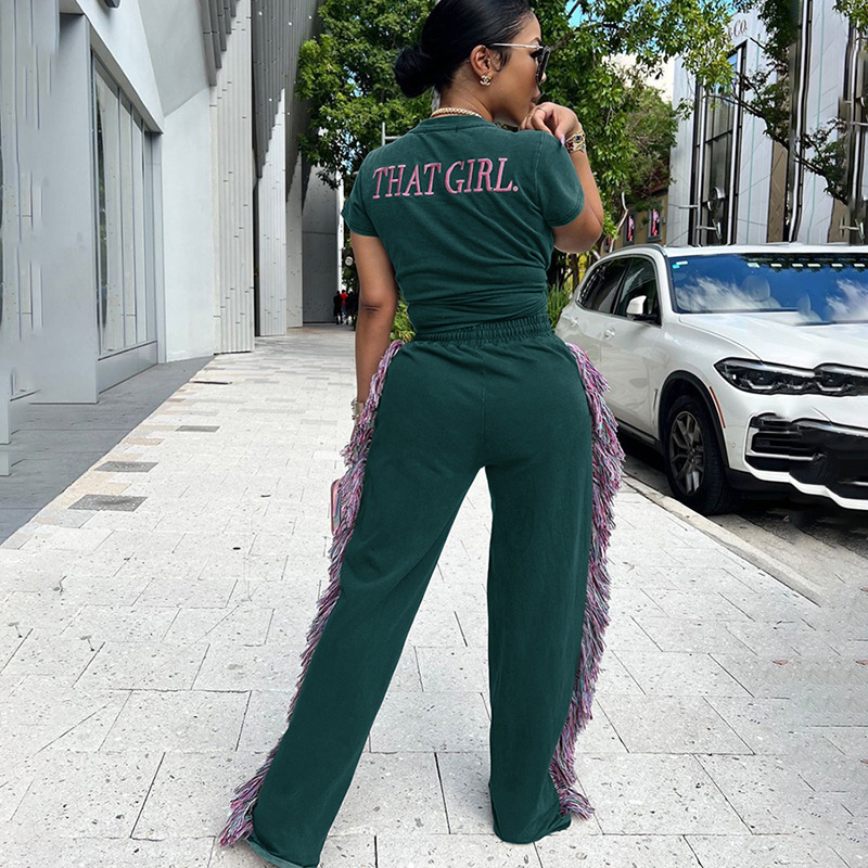 Designer Set New Women's Round Sports Set 2025 Round Neck Embroidered Short Sleeve T-shirt High Waist Colorful Tassel Casual Pants Street Sports 