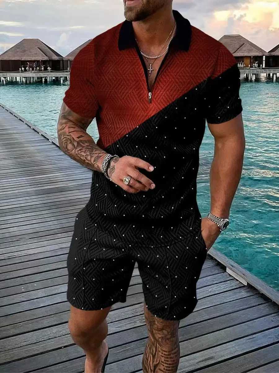 Hawaii 3D Printed Mens Polo Shirt Set Zipper Collar Polo Set Zipper Collar+Shorts 2-piece Holiday Style Mens Sportswear W250326