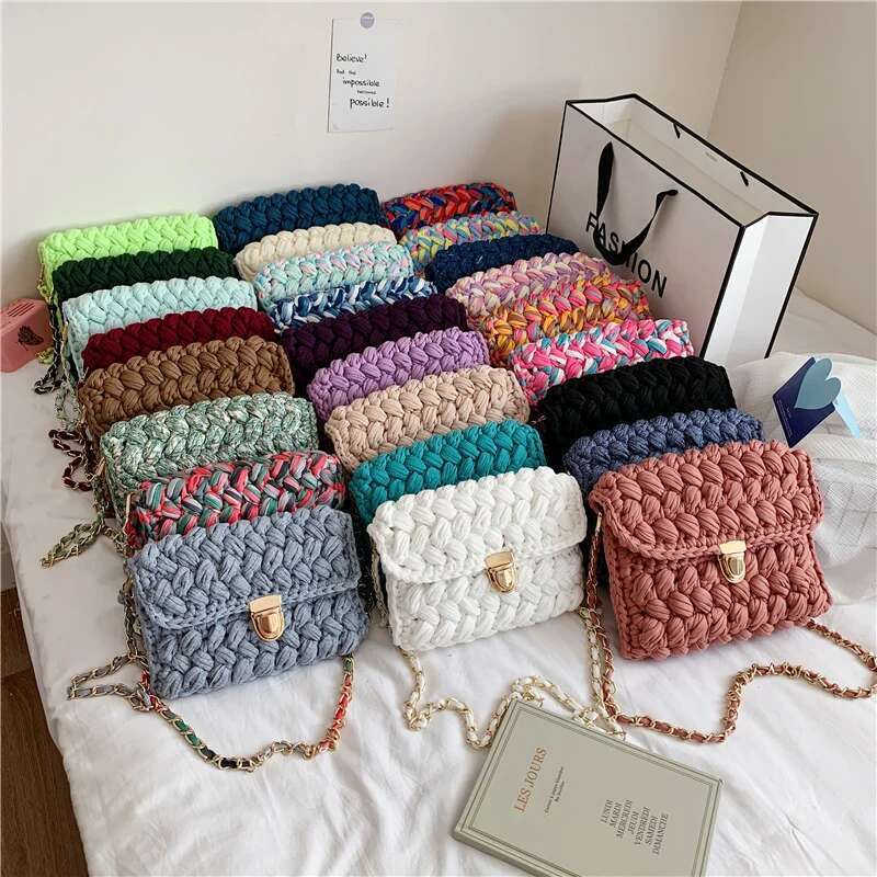 New Handmade Woven Women's Crossbody Thread Hook Knitted Shoulder Bag Colorful Strip Chains Bags For Women Small Purses