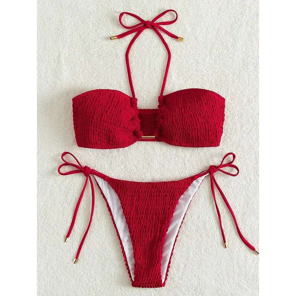 Halter Tie Side Pleated Smocked Women Bandeau Swimsuit Female Swimwear Two Pieces Bikini Set Bathing Suit Swim Beach Wear