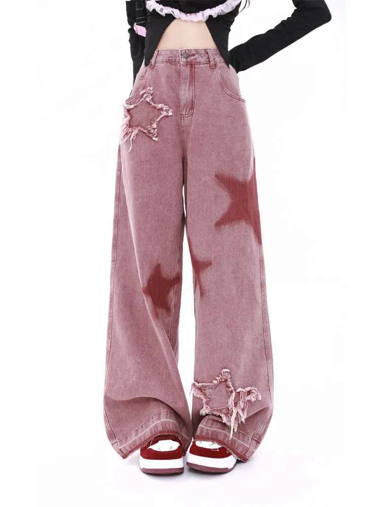 American Retro Five-Point Star Raw Edge Splicing Loose Wide-Leg Jeans Look Thin Trendy All-Match Mopping Pants Women