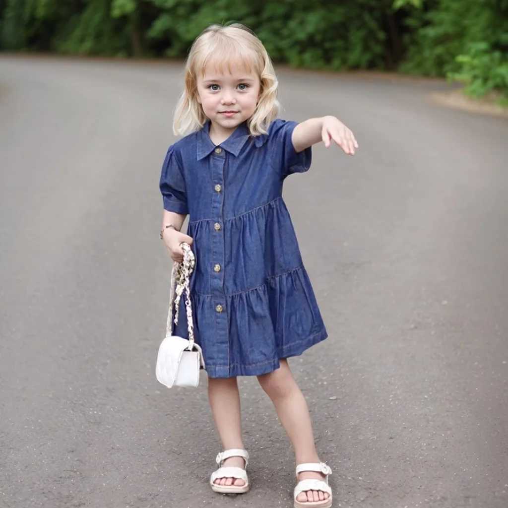 Summer Childrens Clothing Girls Denim Dresses Solid Colors Kids Short Sleeve Dresses O-Neck Kids Girl Casual Wrinkles Dress W250326